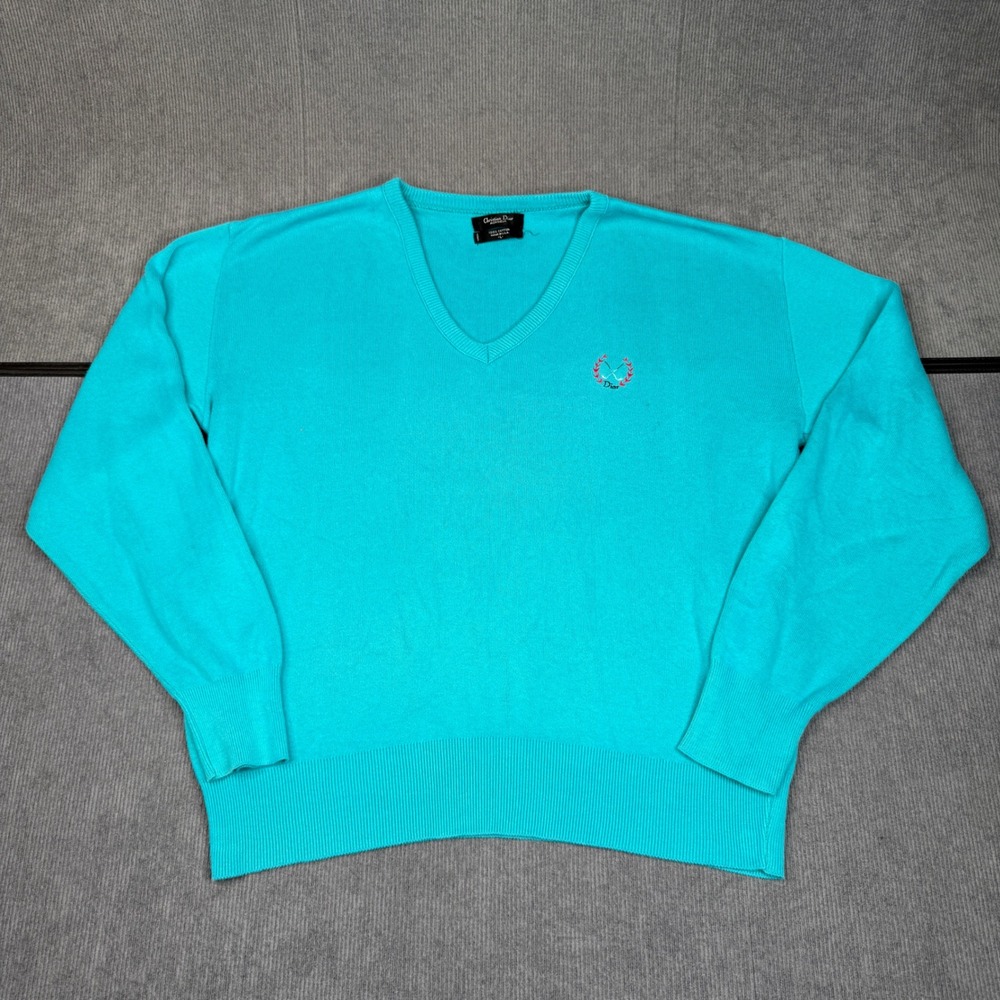Christian Dior Monsieur Vintage Turquoise Cotton V-Neck Golf Sweater Crest Sz L